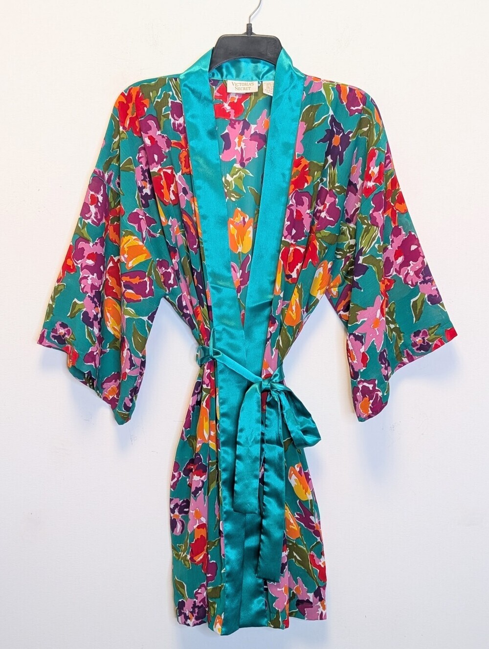 VICTORIA'S SECRET VINTAGE GOLD LABEL Floral Satin Trim Wrap Robe OS
